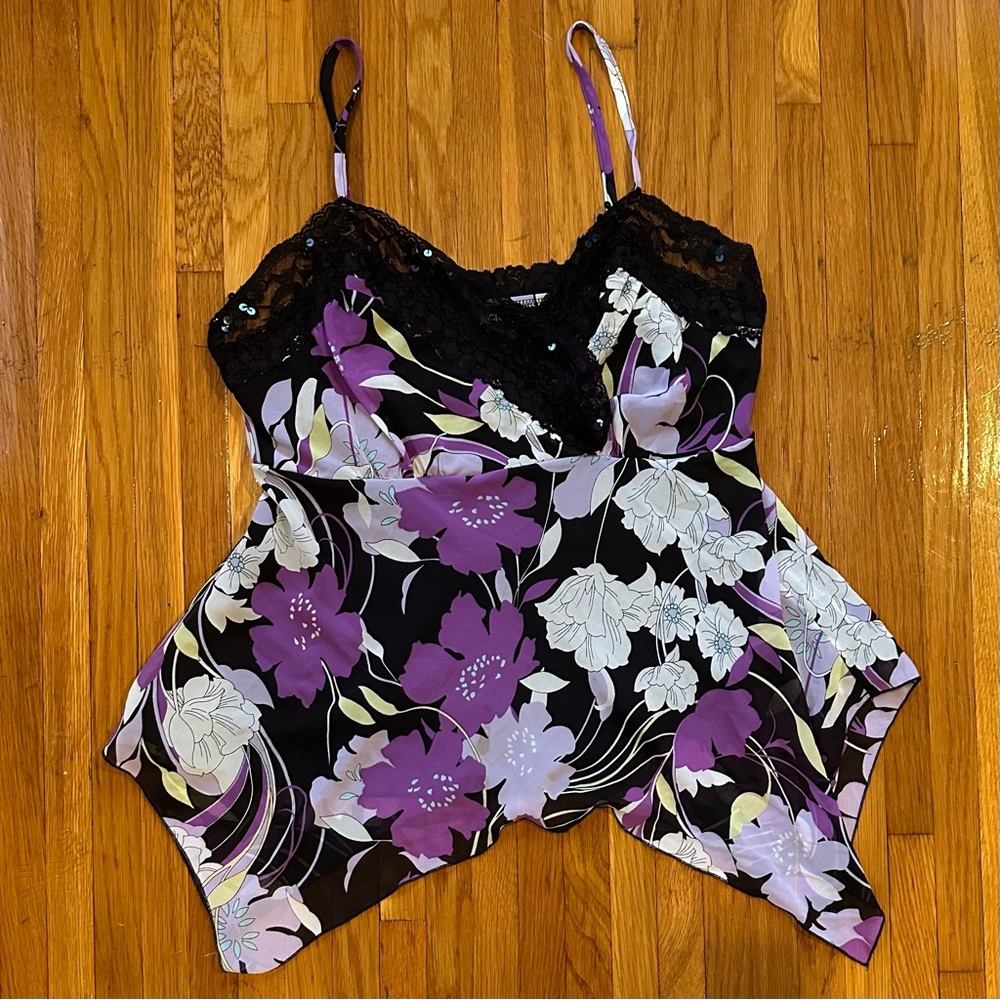 Y2K floral, purple top
